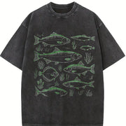 Fish 90s Tattoo Fishing Vintage Washed T-Shirt in Black