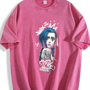 Retro Jinx x Powder Arcane: League of Legends Game vintage washed oversized T-shirt in Red