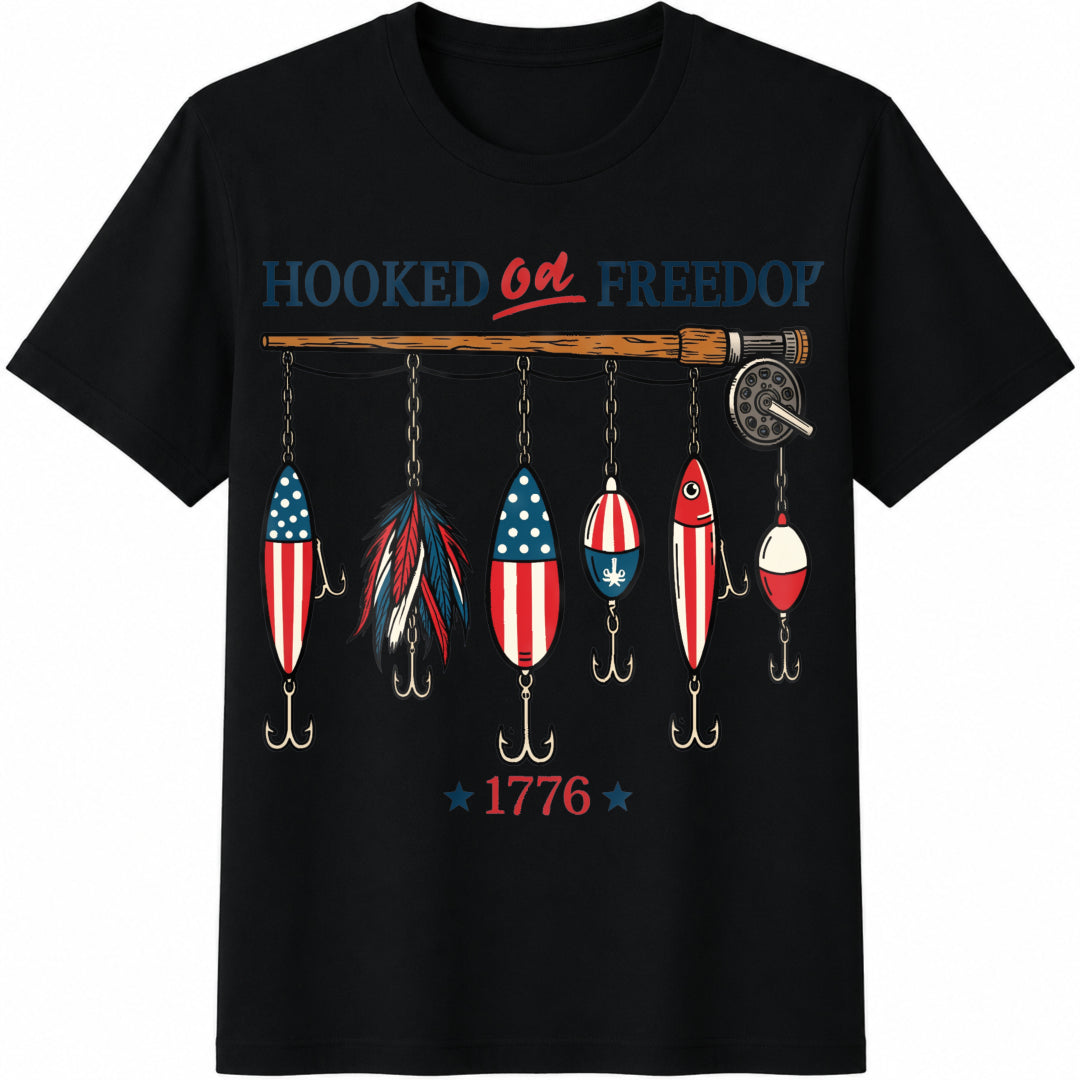 Hooked on Freedom Fishing Cotton T-Shirt in Black