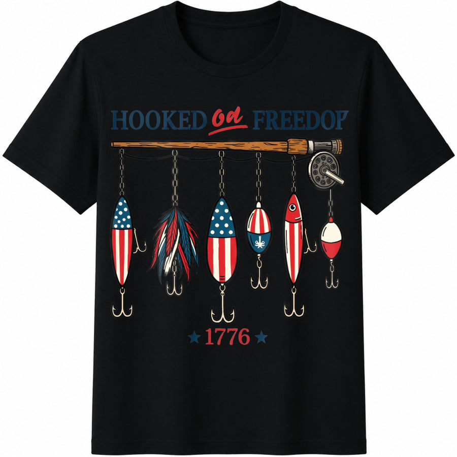Hooked on Freedom Fishing Cotton T-Shirt in Black