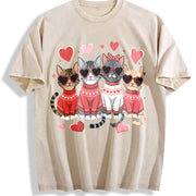 Valentine's Day: Winter a Cat with Heart-shaped Glasses Vintage Washed T-Shirt in Beige