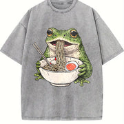 Frog Ramen Retro Frog Eating Noodles Vintage Washed T-Shirt in Gray