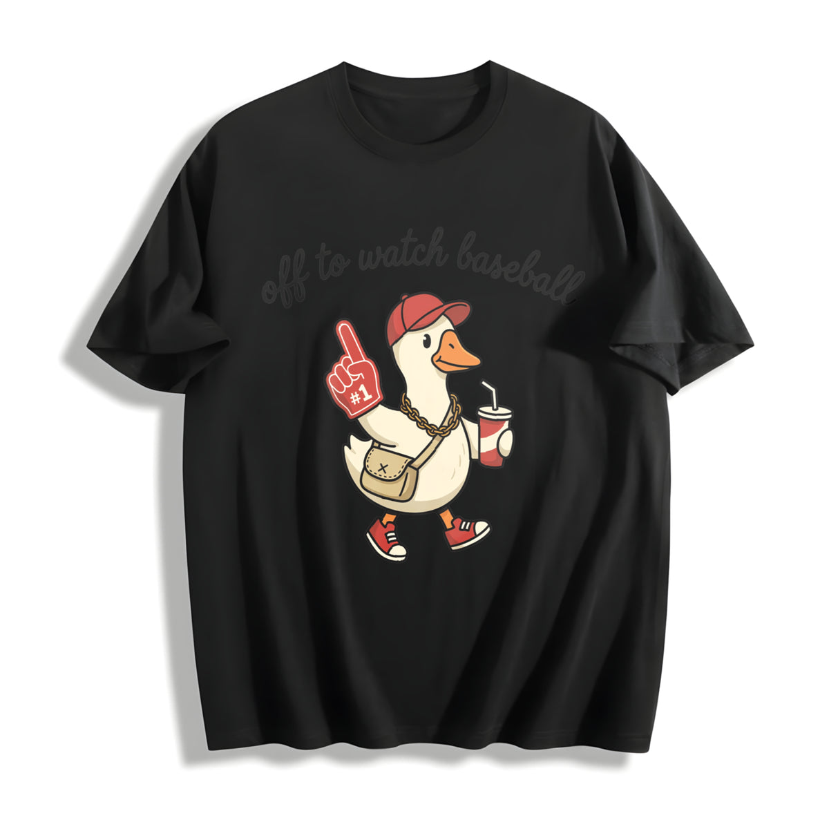 Off to Watch Baseball Goose Cotton T-Shirt in Black