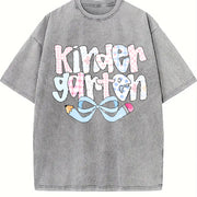 Preppy Kindergarten Teacher Coquette Teacher Pencil Bow Vintage Washed T-Shirt in Gray