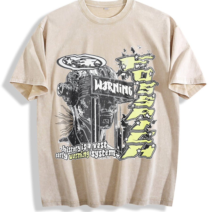 Warning Cybernetic Head Tank Vintage Washed T-Shirt in Beige