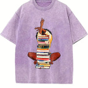 Premium Black Woman and Books Stack Afro Girl Book Lover Vintage Washed T-Shirt in Purple