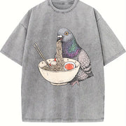 Pigeon Ramen Retro Pigeon Eating Noodles Vintage Washed T-Shirt in Gray