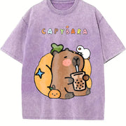 Capybara Bubble Tea Vintage Washed T-Shirt in Purple