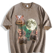 Three Hippo Retro Silly Hippo Moon Vintage Washed T-Shirt in Brown