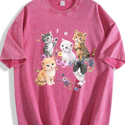 Cute Kitten Floral vintage washed oversized T-shirt in Red