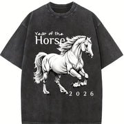 Galloping Horse Year of the Horse Vintage Washed T-Shirt in Black