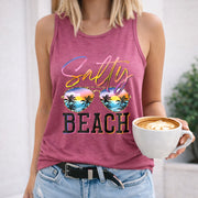 Salty Beach Sunglasses Palm Trees Sunset Crew-neck Women's Color Cotton Tank Top in Red