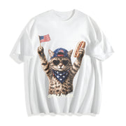 Patriotic Cat Lover Cotton T-Shirt in White