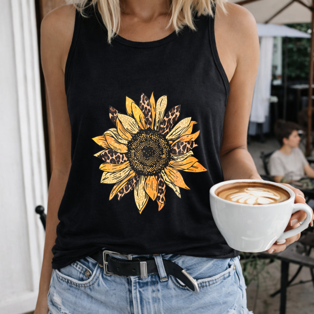 Sunflower Leopard Crew-neck Sleeveless Vest Outdoor Women's Color Cotton Tank Top in Black