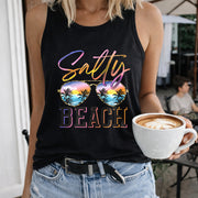 Salty Beach Sunglasses Palm Trees Sunset Crew-neck Women's Color Cotton Tank Top in Black