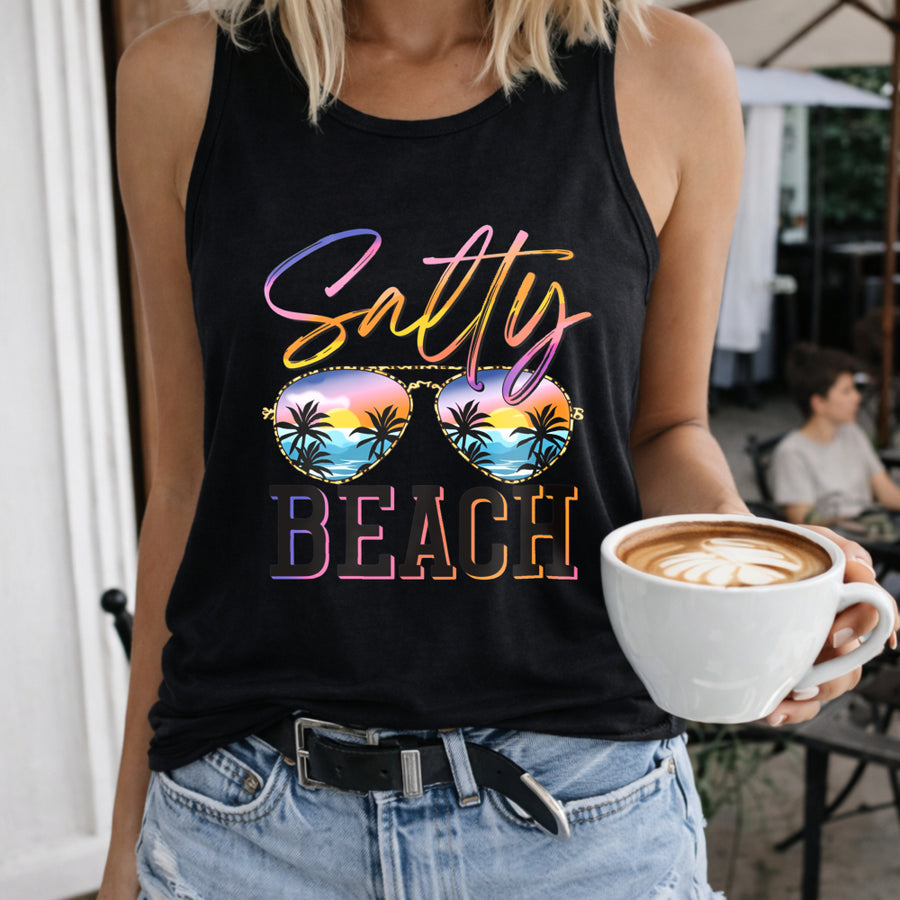 Salty Beach Sunglasses Palm Trees Sunset Crew-neck Women's Color Cotton Tank Top in Black