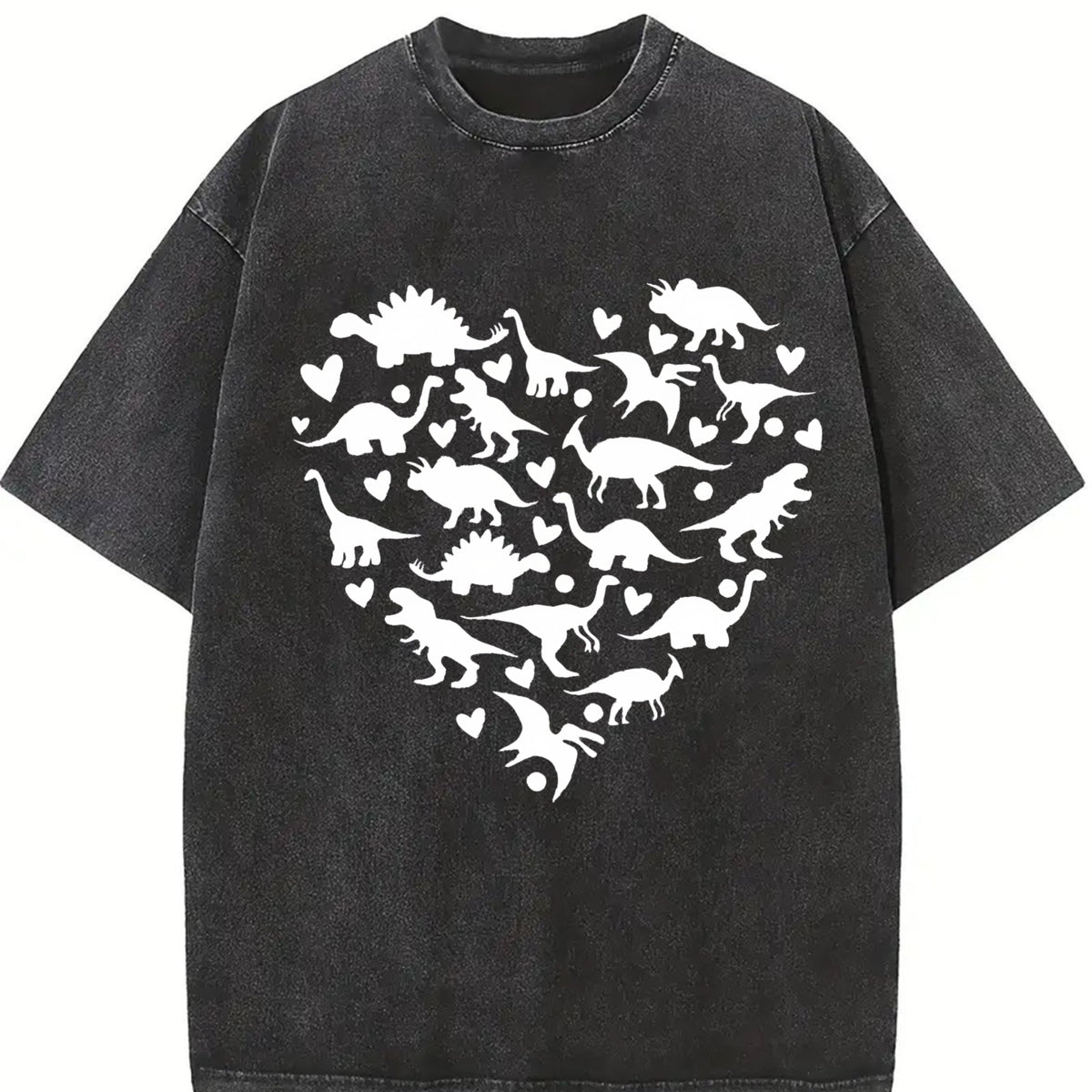 Heart-shaped Dinosaur 1pc Vintage Washed T-Shirt in Black