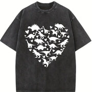 Heart-shaped Dinosaur 1pc Vintage Washed T-Shirt in Black
