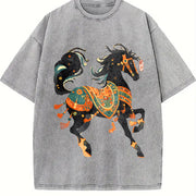 New Year's Winter Ethnic Exotic Golden Edition Black Horse Vintage Washed T-Shirt in Gray