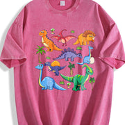 Autumn Dinosaur World Cartoon Short-sleeved Vintage Washed T-Shirt in Red
