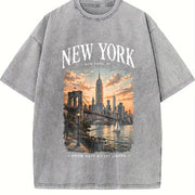 New York City NYC Travel Souvenir Urban Skyline Vintage Washed T-Shirt in Gray