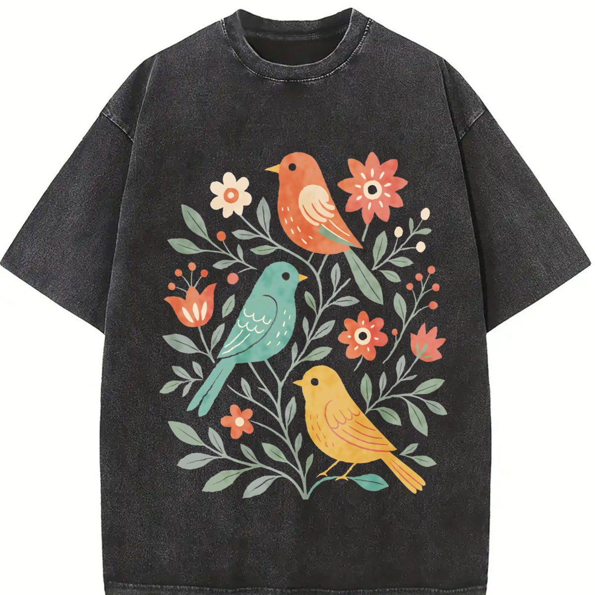 Folk Art Birds and Flowers Vintage Washed T-Shirt in Black