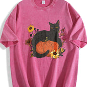 Halloween Holiday Animal Cat Floral Pumpkin One-piece Vintage Washed T-Shirt in Red