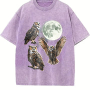 Owl Howling at Moon 90s Vintage Washed T-Shirt in Purple