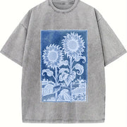 Sunflowers Retro Botanical Garden Vintage Washed T-Shirt in Gray