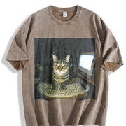 Wash Hacker Cat Meme Vintage Washed T-Shirt in Brown