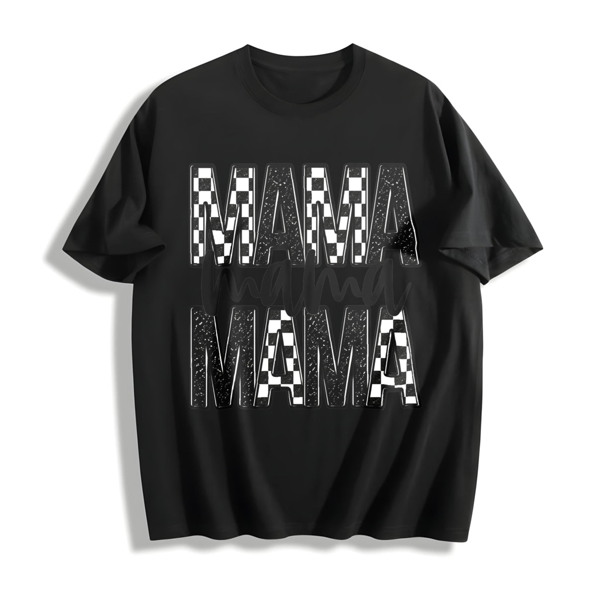 Checker & Faux Glitter 'Mama' Cotton T-Shirt in Black