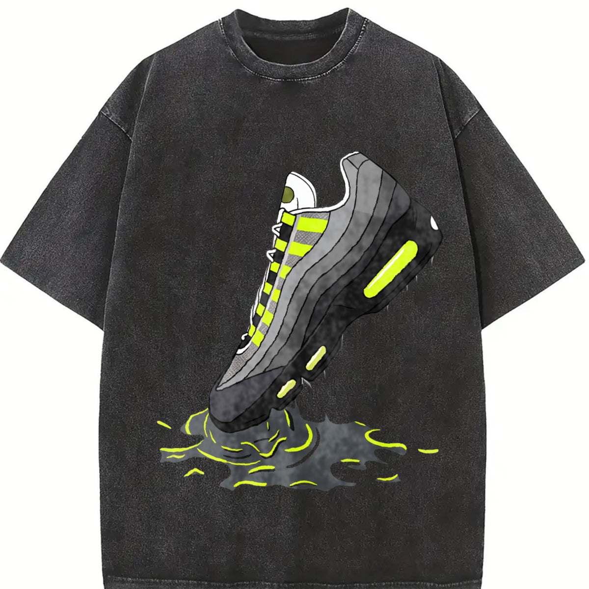 AM 95 Big Bubble Neon Yellow Black Grey 2026 OG Match Vintage Washed T-Shirt in Black