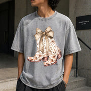 Cowgirl Chinoiserie Floral Boot Vintage Washed T-Shirt in Gray