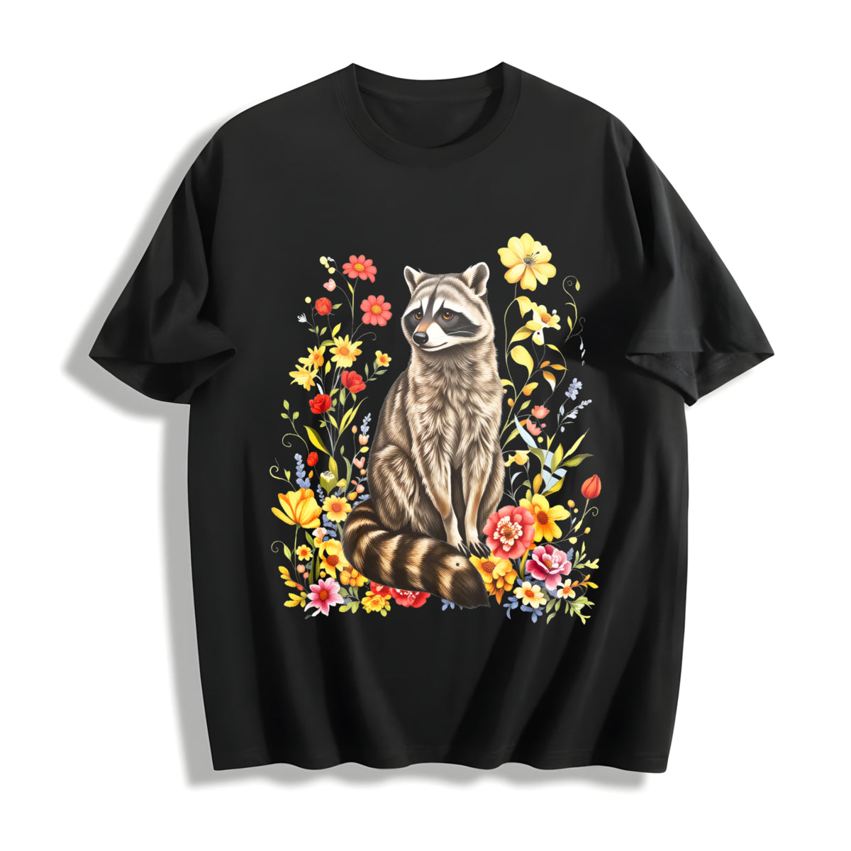 Cute Raccoon Floral Cotton T-Shirt in Black