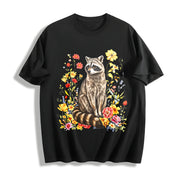 Cute Raccoon Floral Cotton T-Shirt in Black