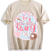 ZestLoop Preppy Baseball Bow Glitter Vintage Washed T-Shirt in Beige