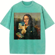 Mona Lisa Drinks Vintage Washed T-Shirt in Blue
