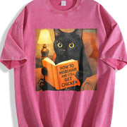 Cat Reading Book Vintage Washed T-Shirt in Red