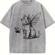 Retro Angel Kitten Vintage Washed T-Shirt in Gray
