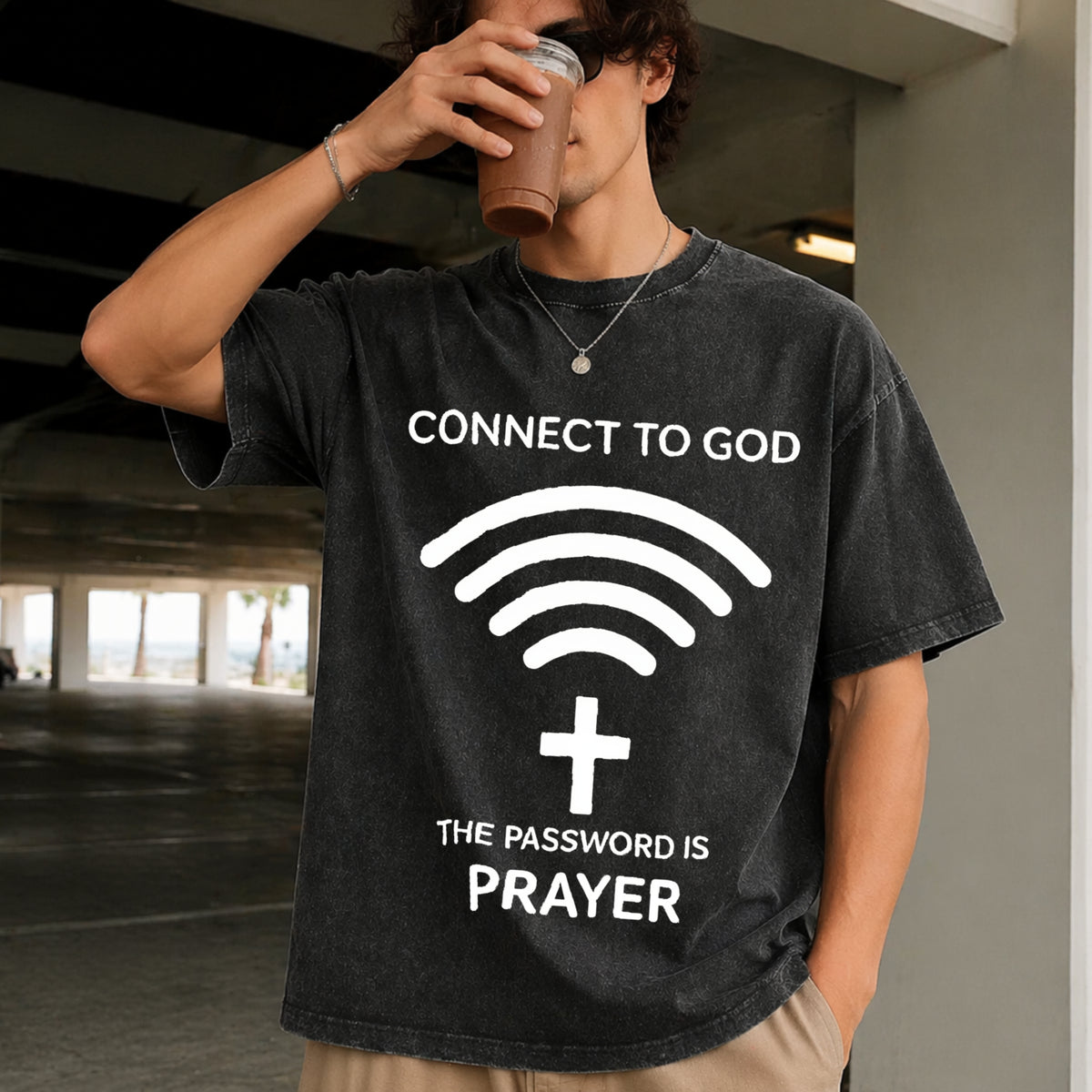 Connect to God Password Is Prayer Vintage Washed T-Shirt in Black