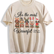 Dachshund Christmas Vintage Washed T-Shirt in Beige