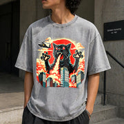 Catzilla Cat Japanese Art Cat for Kids 0714D 818 Vintage Washed T-Shirt in Gray