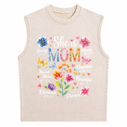 She Is Mom Bible Verses Christian Boho Floral Mother's Day Vintage Washed Tank Top in Beige