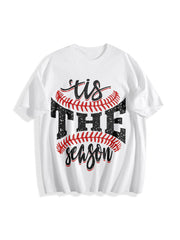 Sports Game Day Faux Glitter Tis the Season Baseball Cotton T-Shirt in White