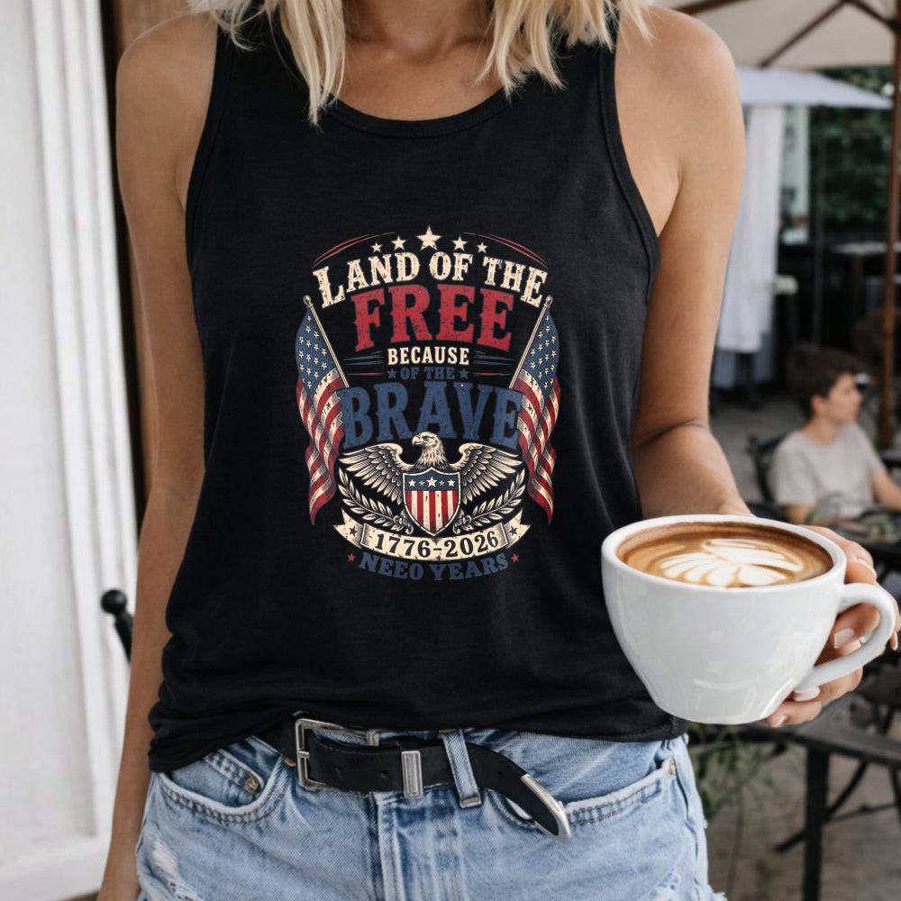 Land of the Free Because of the Brave 1776-2026 Women's Color Cotton Tank Top in Black