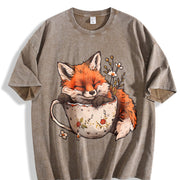Winter: Little Fox Curled Up in a Floral Teacup Vintage Washed T-Shirt in Brown