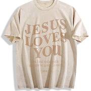 Christian Jesus Is King Love You God Faith Religious Bible Vintage Washed T-Shirt in Beige
