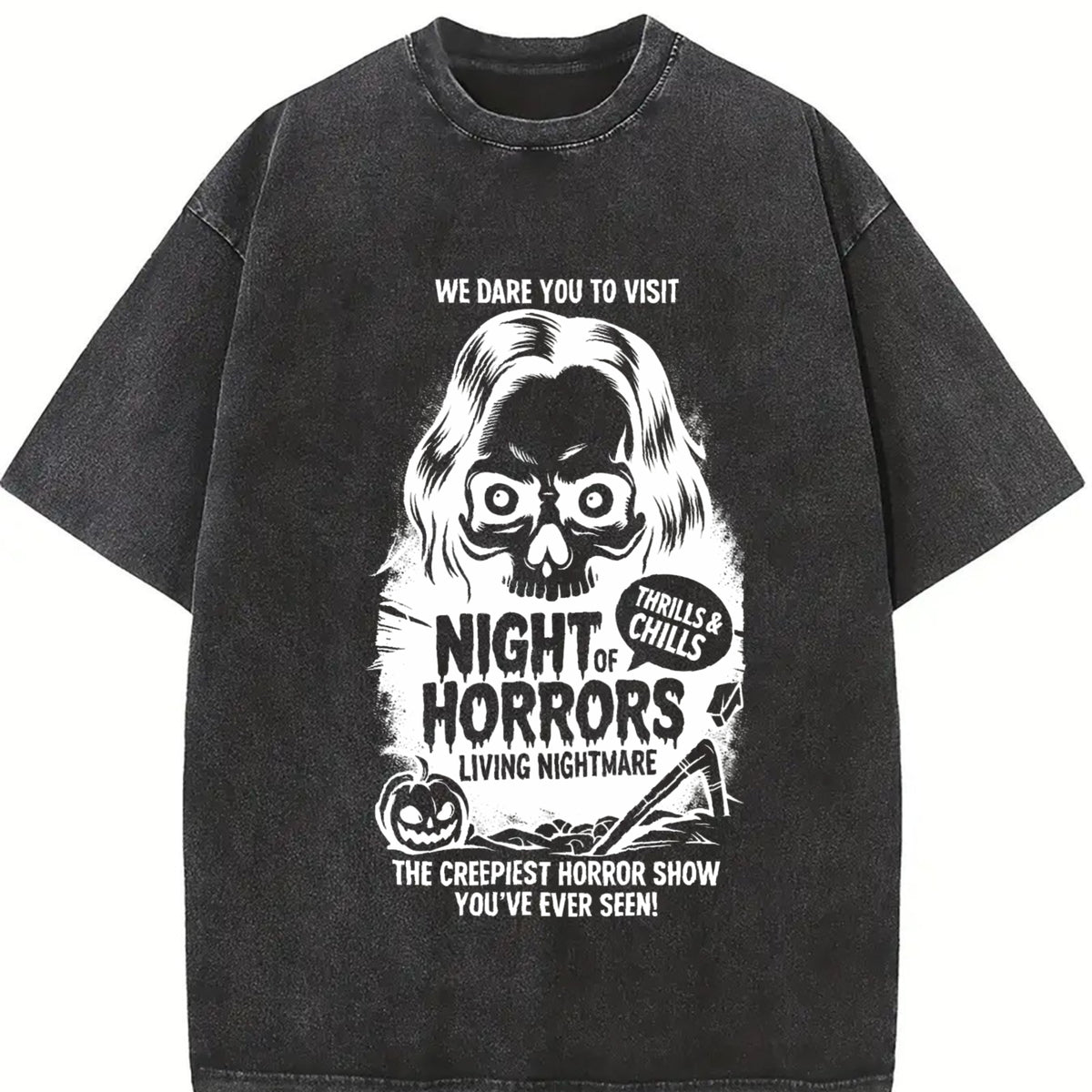 Retro We Dare You to Visit Night of Horrors Vintage Washed T-Shirt in Black
