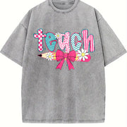 Checkered Teacher Floral Coquette Teacher Vintage Washed T-Shirt in Gray