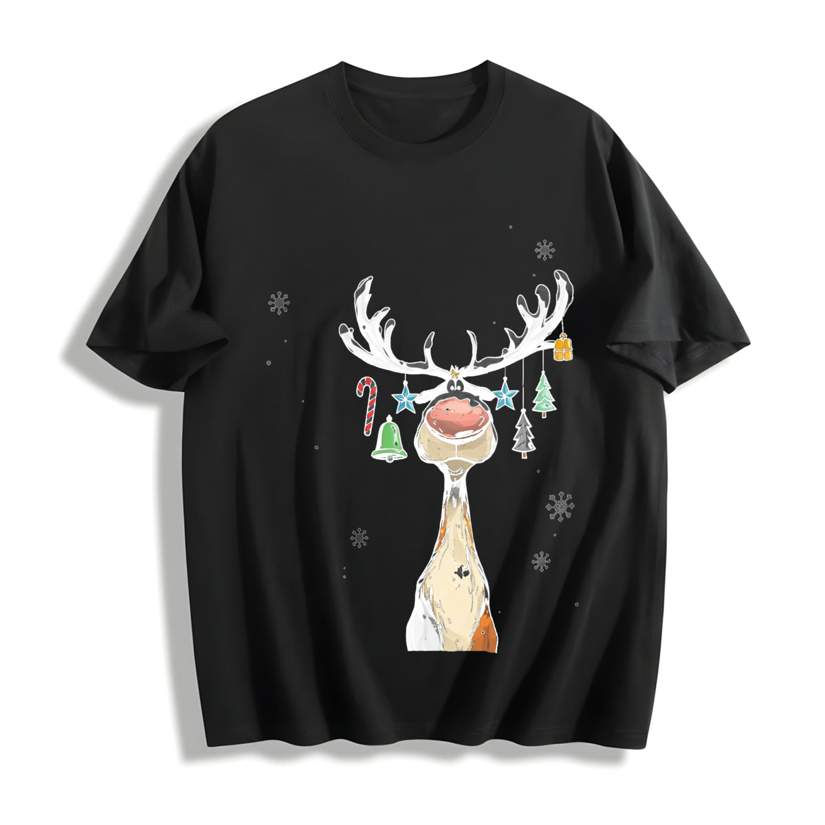 Reindeer Cute Christmas Cotton T-Shirt in Black